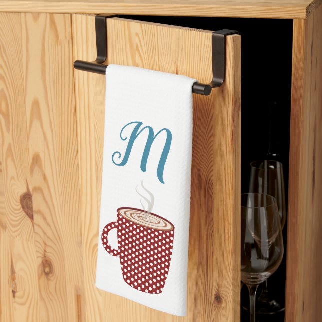 Personalised Red Polka Dot Coffee Kitchen Towels (Thirds Fold)