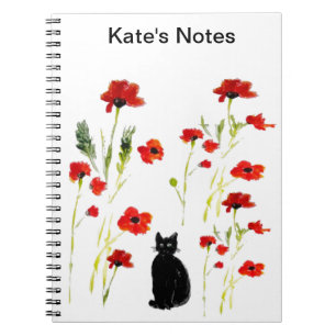 Personalised Red Poppy Cute Cat Notebook