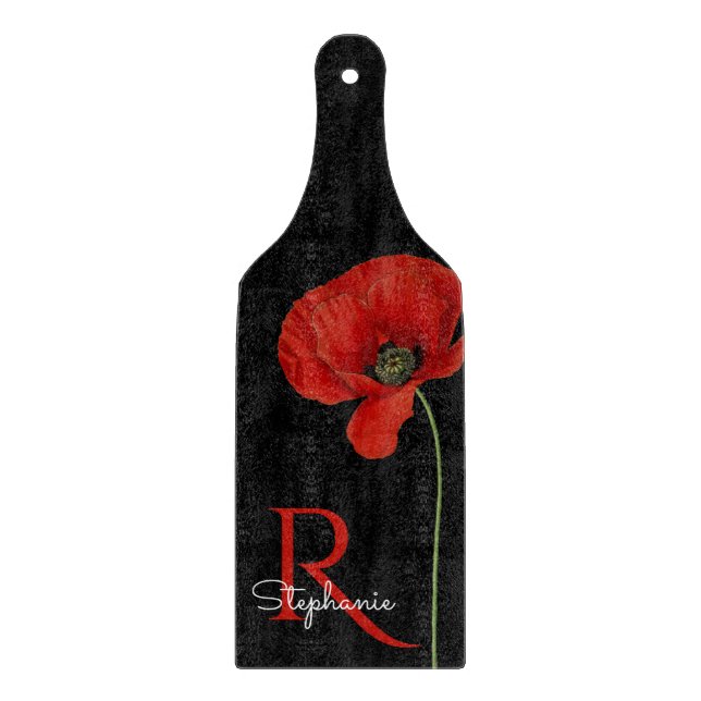 Personalised Red Poppy on Black  Cutting Board (Front)
