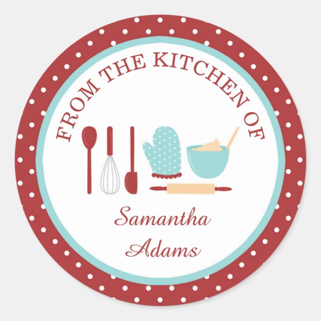 Personalised Red Robin and Blue Baking Kitchen Classic Round Sticker (Front)