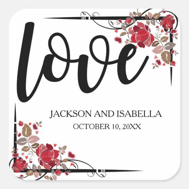Personalised Red Roses and Love Wedding Stickers (Front)
