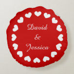 Personalised red round heart pillow for newly weds<br><div class="desc">Personalised red round heart pillow for newly weds. Romantic love design with name of bride and groom or husband and wife couple. Cute wedding or valentines day gift idea for newlyweds. Custom message on the back side like Together forever. Customisable red and white colours.</div>