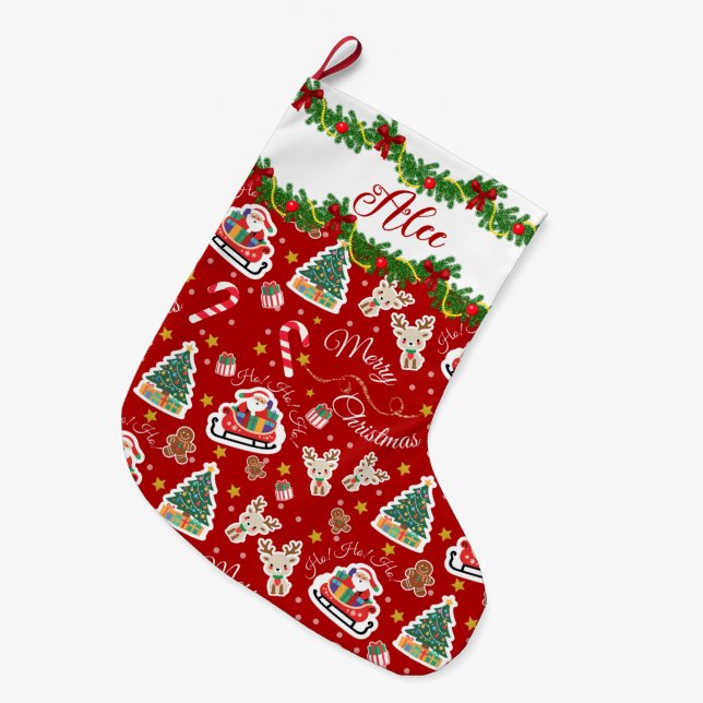 Personalised Red Santa Merry Christmas  Large Christmas Stocking (Front (Hanging))