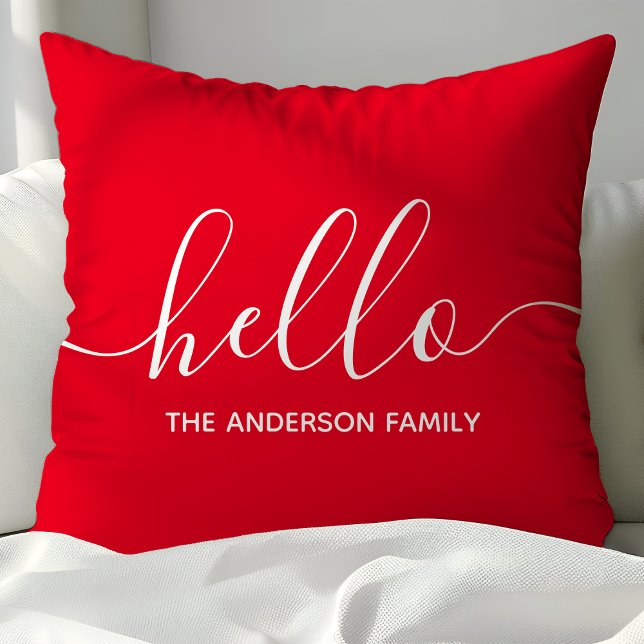 Personalised Red Script Hello Cushion (Creator Uploaded)