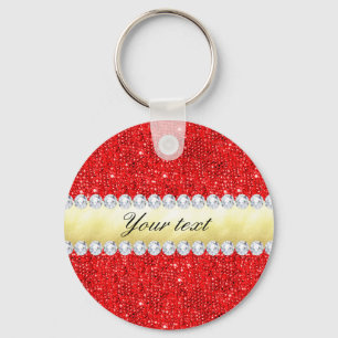 Personalised Red Sequins, Gold Foil, Diamonds Key Ring