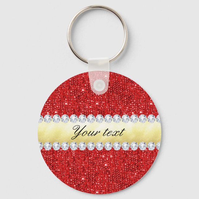 Personalised Red Sequins, Gold Foil, Diamonds Key Ring (Front)
