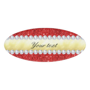 Personalised Red Sequins, Gold Foil, Diamonds Name Tag