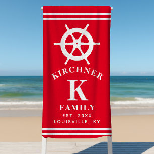 Personalised Red Ship Wheel Nautical Family Beach Towel