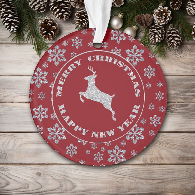 Personalised Red Silver Snowflake Reindeer Ornament (Creator Uploaded)