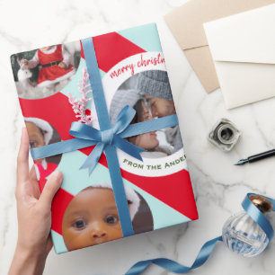 Personalised Red Stripe Fab Christmas Three Photo Wrapping Paper