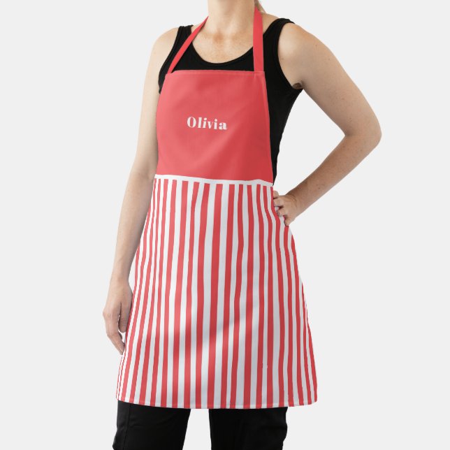 Personalised Red Stripe Pattern Apron. Apron (Insitu)