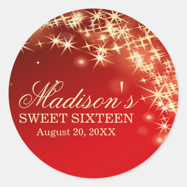 Personalised Red Sweet 16 Sticker with Gold Stars (Front)