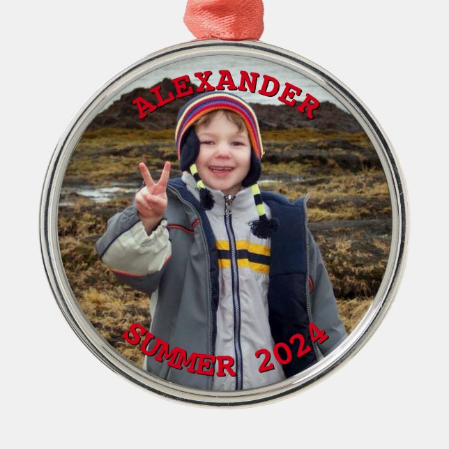 Personalised Red Text Round Family Photo Metal Tree Decoration (Front)