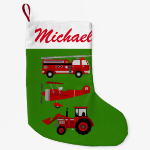 Personalised Red Toy Fire Truck, Plane and Tractor Small Christmas Stocking