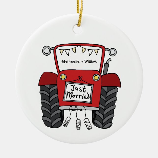 Personalised Red Tractor Country Wedding Gift Ceramic Tree Decoration (Front)