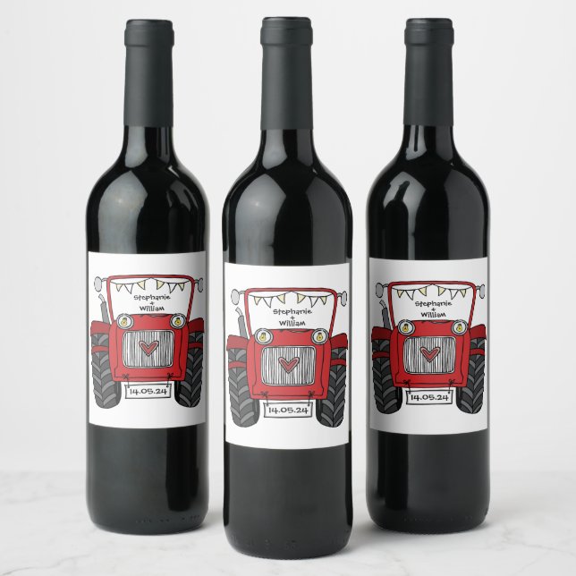 Personalised Red Tractor Country Wedding  Wine Label (Bottles)