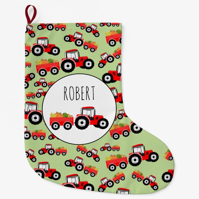 Personalised Red Tractor Truck Farm Produce Large Christmas Stocking (Front)