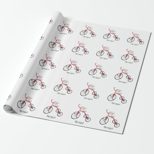 Personalised Red Tricycle Toddler Kids Christmas  Wrapping Paper (Unrolled)