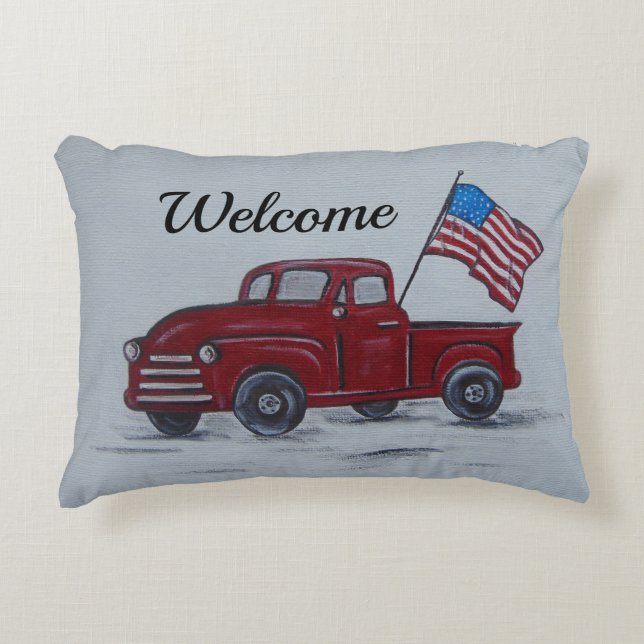 Personalised Red Truck American Flag Pillow (Front)