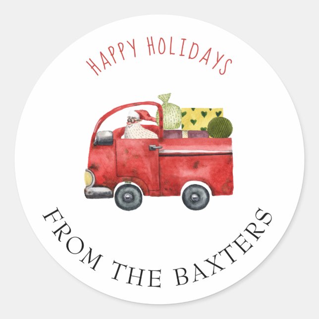 Personalised Red Truck and  Santa Christmas  Classic Round Sticker (Front)