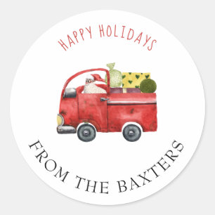 Personalised Red Truck and Santa Christmas Classic Round Sticker