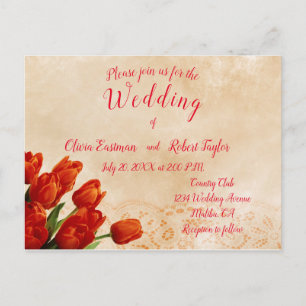 Personalised red tulips on lace background postcard
