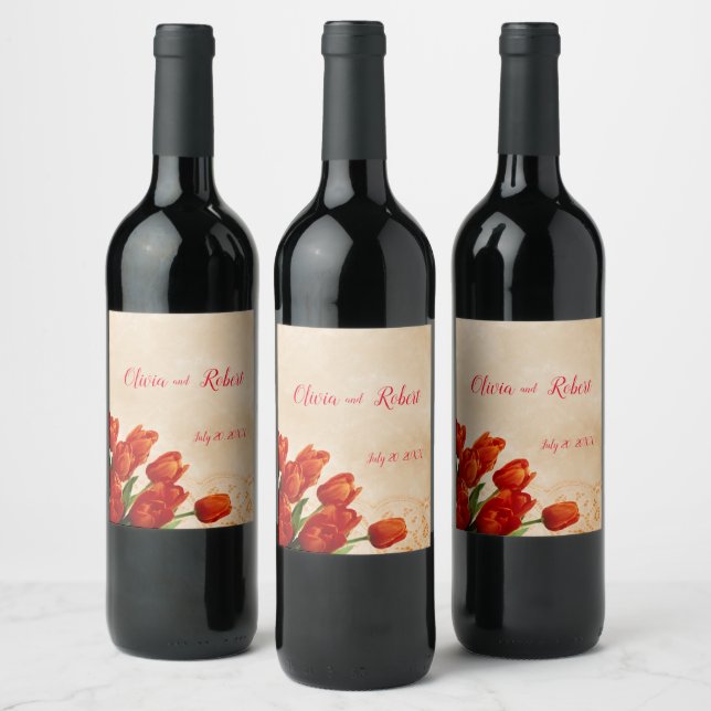 Personalised red tulips on lace background wine label (Bottles)