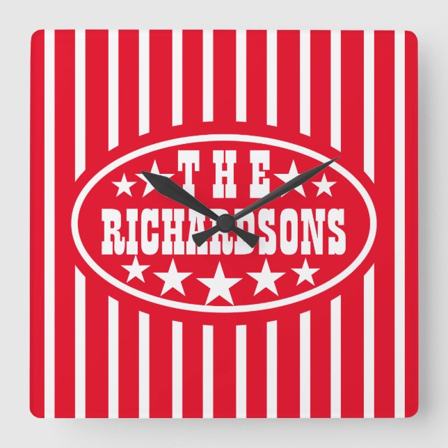 Personalised Red Vintage Carnival Square Wall Clock (Front)