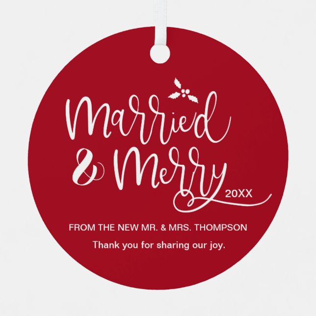 Personalised Red Wedding photo Favour Christmas Metal Tree Decoration (Front)