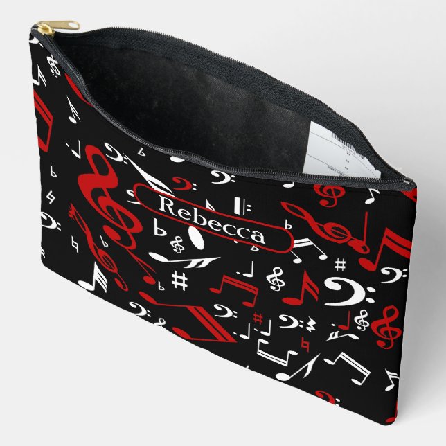Personalised Red White and Black Musical Notes Accessory Pouch (Open)