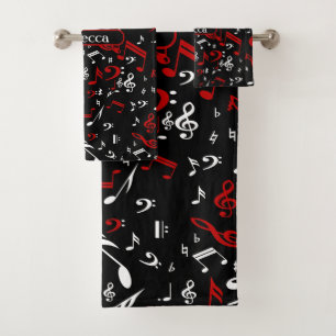 Personalised Red White and Black Musical Notes Bath Towel Set