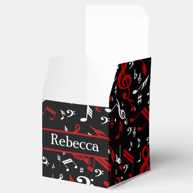 Personalised Red White and Black Musical Notes Favour Box (Opened)