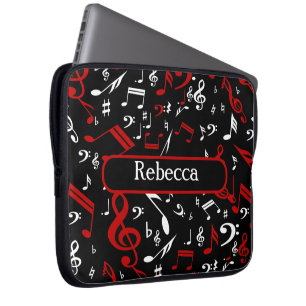 Personalised Red White and Black Musical Notes Laptop Sleeve
