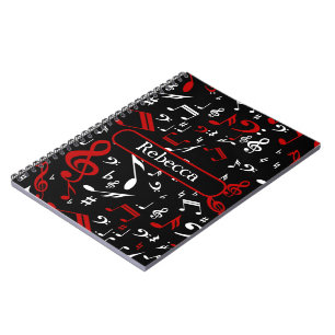 Personalised Red White and Black Musical Notes Notebook