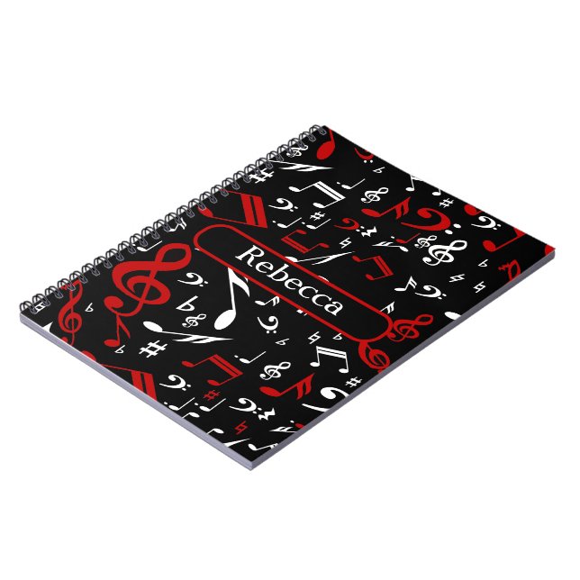 Personalised Red White and Black Musical Notes Notebook (Left Side)