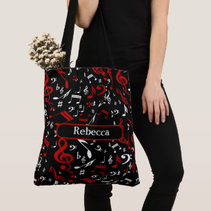 Personalised Red White and Black Musical Notes Tote Bag