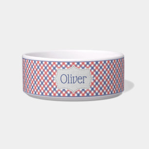 Personalised Red, White, and Blue Plaid Pet Bowl