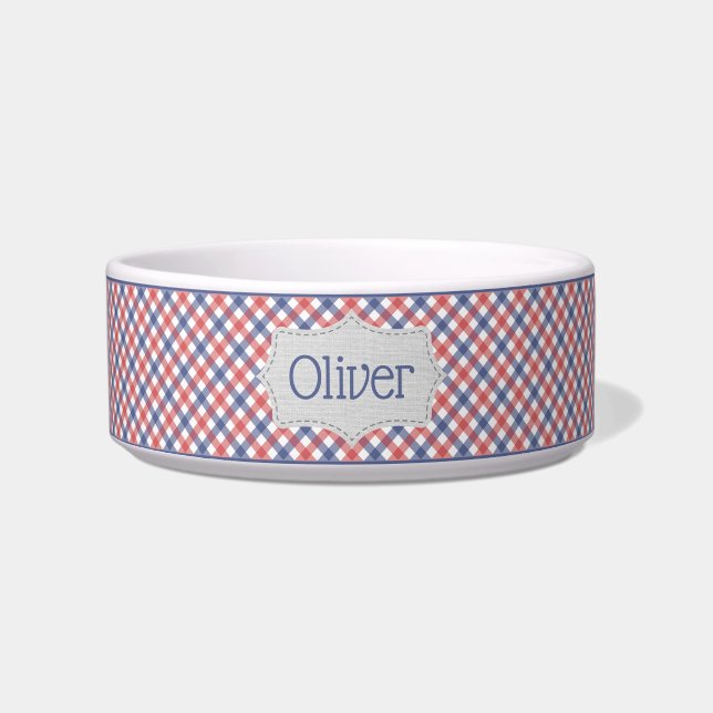 Personalised Red, White, and Blue Plaid Pet Bowl (Front)