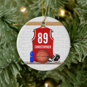 Personalised Red White Basketball Jersey Ceramic Tree Decoration