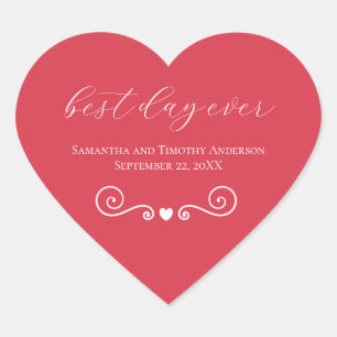 Personalised Red White Best Day Ever Wedding Heart Sticker