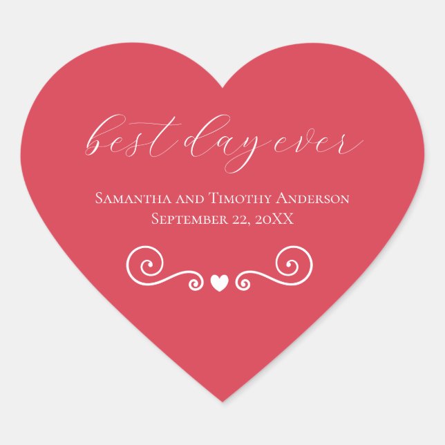 Personalised Red White Best Day Ever Wedding  Heart Sticker (Front)