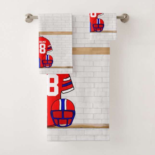 Personalised Red White Blue Football Jersey Bath Towel Set (Insitu)