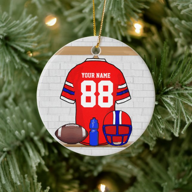 Personalised Red White Blue Football Jersey Ceramic Tree Decoration (Tree)