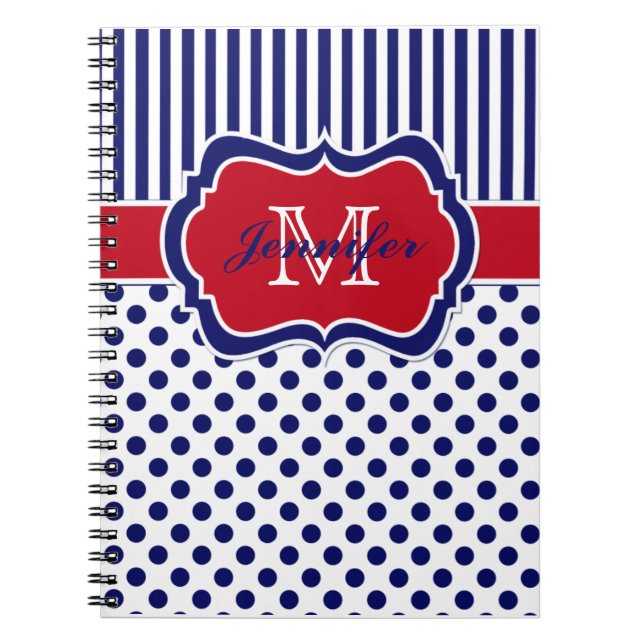 Personalised Red White Blue Striped Polka Dots Notebook (Front)