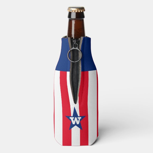 Personalised Red White Blue Striped Stars Patriot Bottle Cooler (Bottle Back)