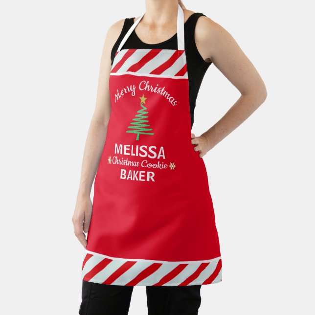 Personalised Red & White Candy Cane Christmas Apron (Insitu)