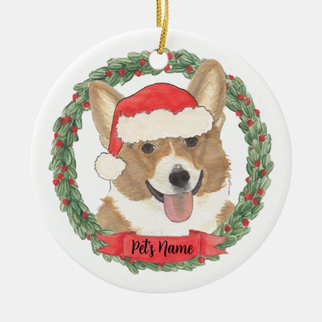 Personalised Red & White Corgi Christmas Ceramic Tree Decoration (Front)