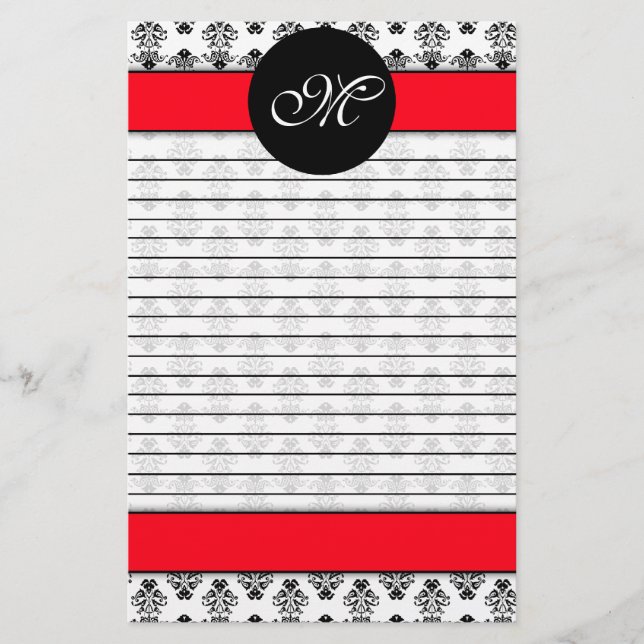 Personalised Red & White Damask Lined Monogram Stationery (Front)