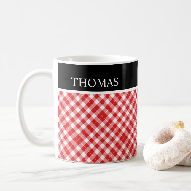 Personalised Red White Gingham Custom Name Coffee Mug (With Donut)