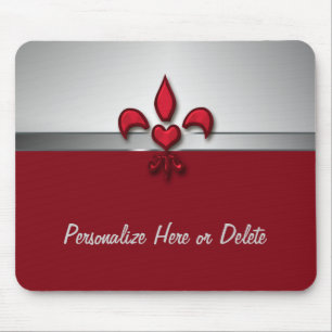 Personalised Red White Grey Fleur de Lis Heart Mouse Mat